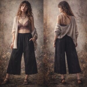 LIV Los Angeles Palazzo Embroidered Wide Leg Pants 1X Black Boho Floral Rayon